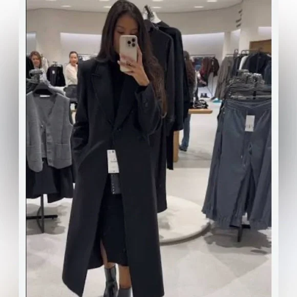 Zara Black Long Dress Pea Coat Size Medium - Picture 10 of 15